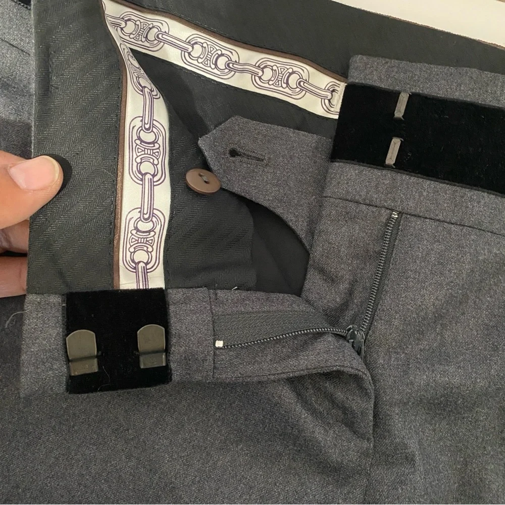CELINE Gray Wool Trousers‎ Velvet Trim Tailored Pants 44 (US 12) Made in France